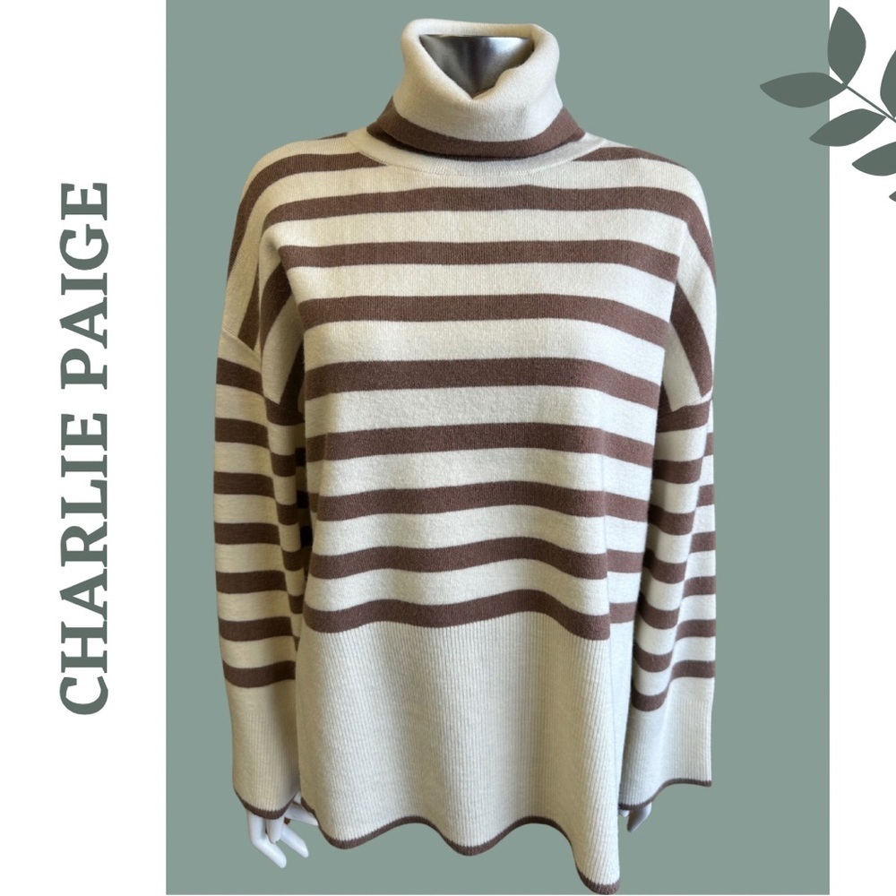 Charlie Paige Mikyla Stripe Cowl / Turtle Neck Pullover Cream Brown Size Small - Picture 3 of 8
